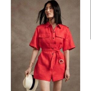 BANANA REPUBLIC 100% Linen Belted Romper in Red Poppy Size XL